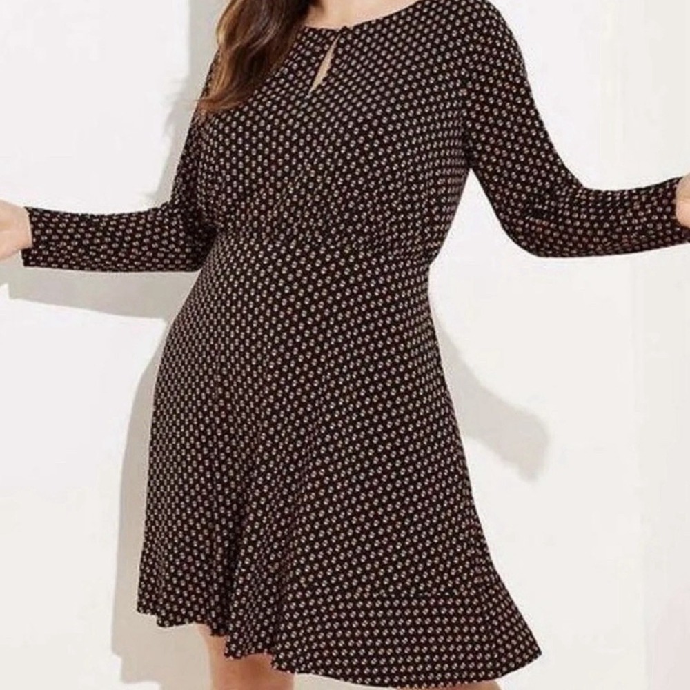 ANN TAYLOR‎ LOFT Dress 10 Knit Black Keyhole Ruffle Hem Career Preppy Floral